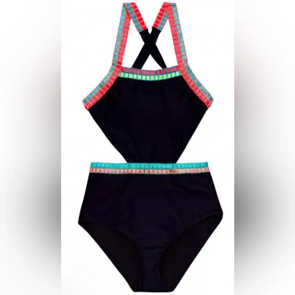 Beach Lingo Big Girls X-Back Crosses Embroidered Binding Two-Piece Swimwear